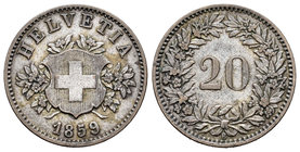 Switzerland. 20 rappen. 1859. Bern. B. (Km-7). Ag. 3,12 g. Choice VF. Est...30,00.