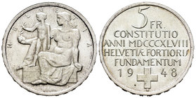Switzerland. 5 francos. 1948. Bern. B. (Km-48). Ag. 14,86 g. Centenario de la constitución. AU. Est...40,00.