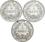 Germany. Lote de 3 piezas de 1 marco de plata, 1910-F, 1911-A y 1914-F. A EXAMINAR. XF. Est...30,00.