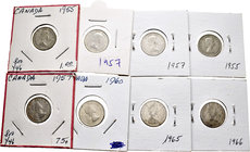 Canada. Lote de 25 piezas de 10 cents de Canadá, 1950 (3), 1951, 1952 (3), 1953 (2), 1954 (2) 1955 (3), 1956, 1957(3), 1958, 1959, 1960 (2), 1961, 196...