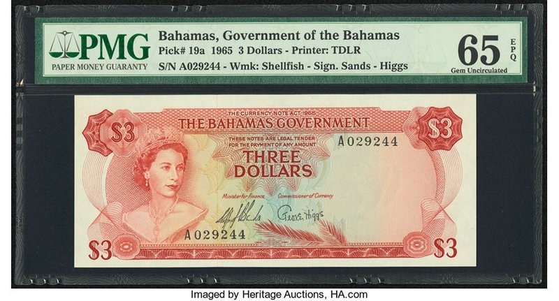 Bahamas Bahamas Government 3 Dollars 1965 Pick 19a PMG Gem Uncirculated 65 EPQ. ...