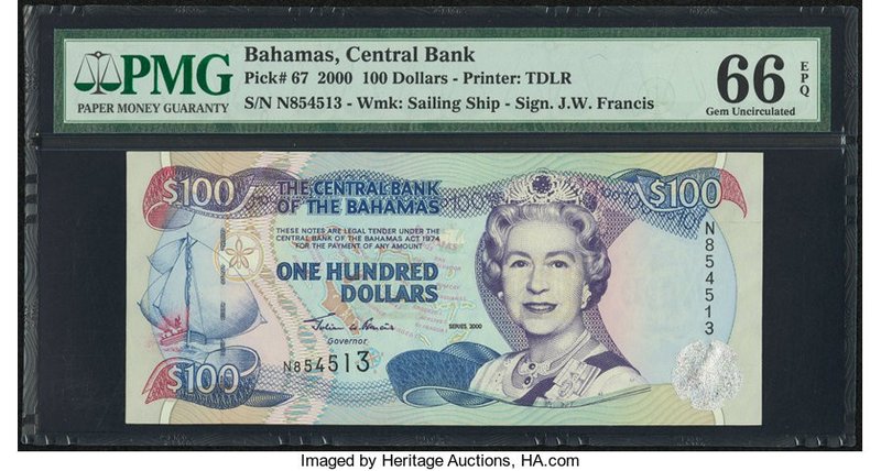 Bahamas Central Bank 100 Dollars 2000 Pick 67 PMG Gem Uncirculated 66 EPQ. 

HID...