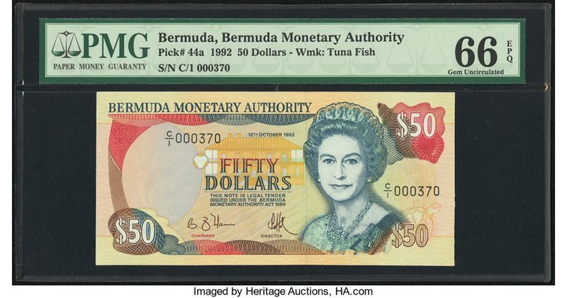 Bermuda Monetary Authority 50 Dollars 1992 Pick 44a PMG Gem Uncirculated 66 EPQ....