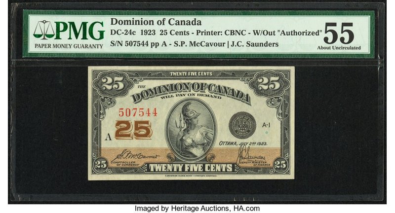 Canada Dominion of Canada 25 Cents 2.7.1923 DC-24c PMG About Uncirculated 55. Go...
