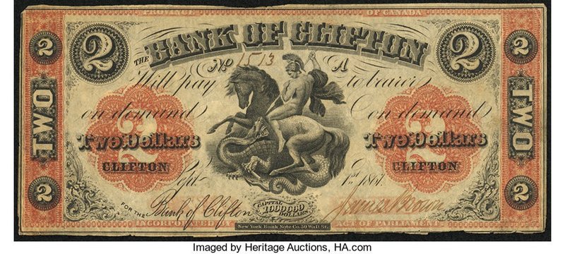 Canada Clifton, PC- Bank of Clifton $2 1.9.1861 Ch.# 125-12-12 Very Fine. Mounti...