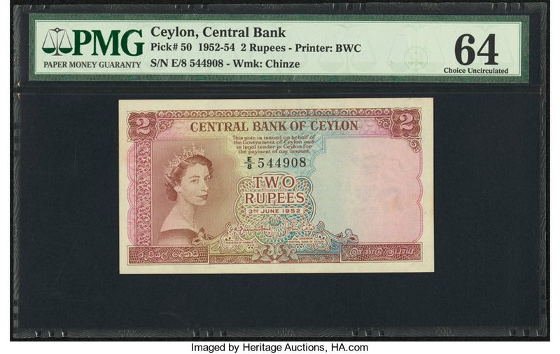 Ceylon Central Bank of Ceylon 2 Rupees 3.6.1952 Pick 50 PMG Choice Uncirculated ...