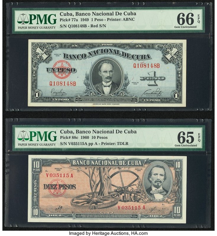 Cuba Banco Nacional de Cuba 1; 10 Pesos 1949; 1960 Pick 77a 88c Two Examples PMG...