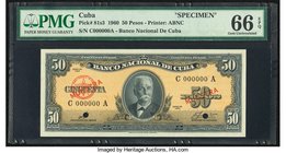 Cuba Banco Nacional de Cuba 50 Pesos 1960 Pick 81s3 Specimen PMG Gem Uncirculated 66 EPQ. Two POCs.

HID09801242017