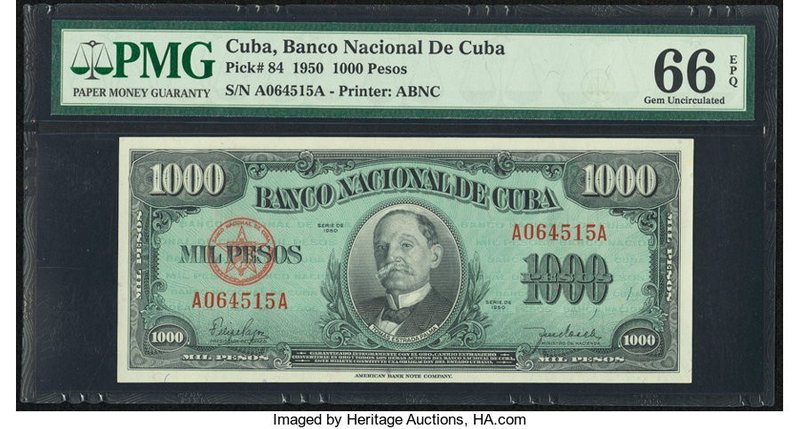 Cuba Banco Nacional de Cuba 1000 Pesos 1950 Pick 84 PMG Gem Uncirculated 66 EPQ....