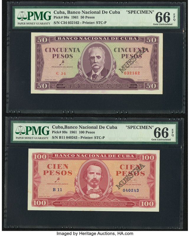 Cuba Banco Nacional de Cuba 50; 100 Pesos 1961 Pick 98s; 99s Two Specimens PMG G...