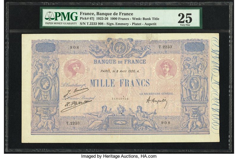 France Banque de France 1000 Francs 8.4.1926 Pick 67j PMG Very Fine 25. Minor re...