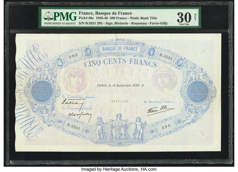 France Banque de France 500 Francs 14.9.1939 Pick 88c PMG Very Fine 30 Net. Repa...