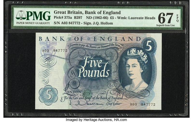Great Britain Bank of England 5 Pounds ND (1962-66) Pick 375a PMG Superb Gem Unc...