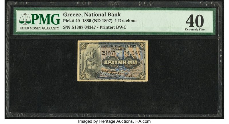 Greece National Bank of Greece 1 Drachma 1885 (ND 1897) Pick 40 PMG Extremely Fi...