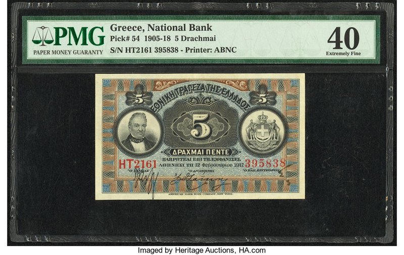 Greece National Bank of Greece 5 Drachmai 1905-18 Pick 54 PMG Extremely Fine 40....
