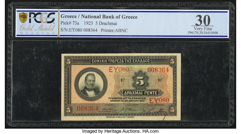 Greece National Bank of Greece 5 Drachmai 28.4.1923 Pick 73a PCGS Gold Shield Ve...