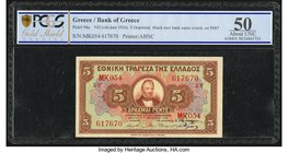 Greece Bank of Greece 5 Drachmai ND (old date 1926) Pick 94a PCGS Gold Shield About UNC 50. Black new bank name overprint on P#87.

HID09801242017