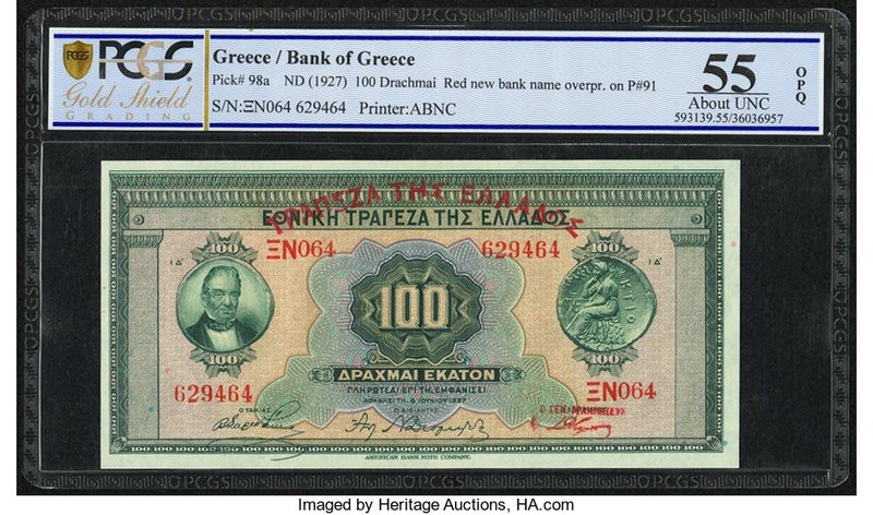 Greece Bank of Greece 100 Drachmai ND (old date 6.6.1927) Pick 98a PCGS Gold Shi...