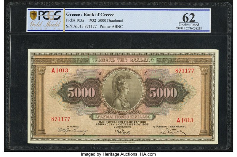 Greece Bank of Greece 5000 Drachmai 1.9.1932 Pick 103a PCGS Gold Shield Uncircul...