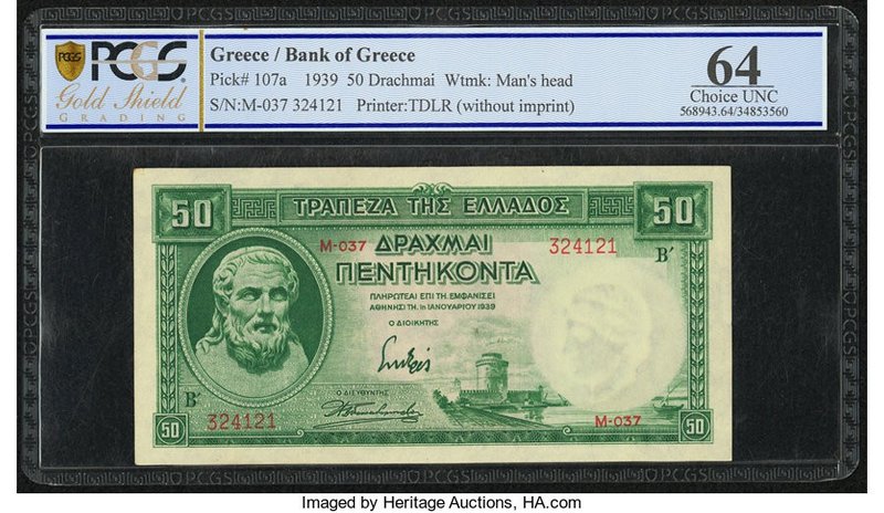 Greece Bank of Crete 50 Drachmai 1.1.1939 Pick 107a PCGS Gold Shield Choice UNC ...