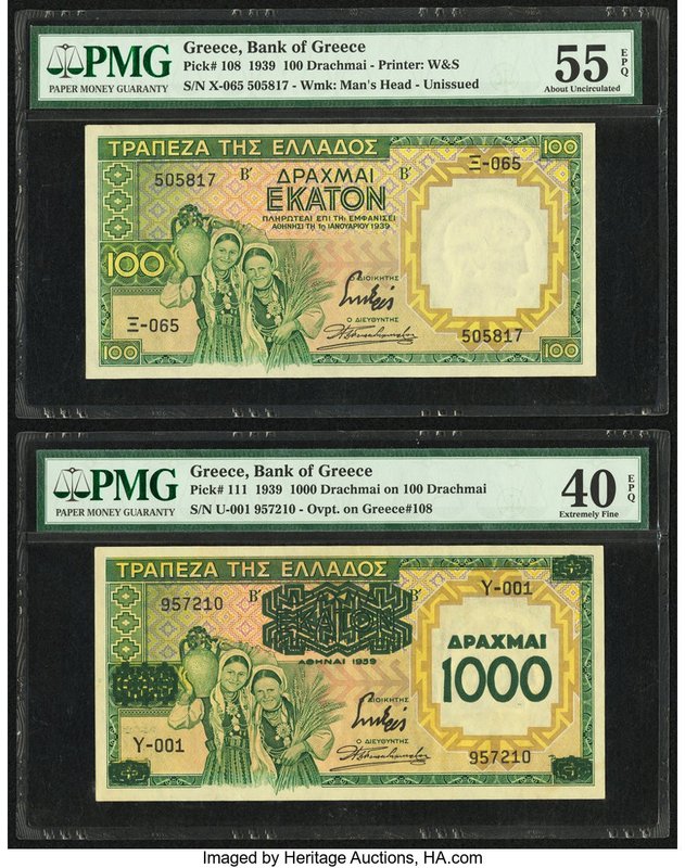 Greece Bank of Greece 100; 1000 Drachmai on 100 Drachmai 1.1.1939; 1939 Pick 108...