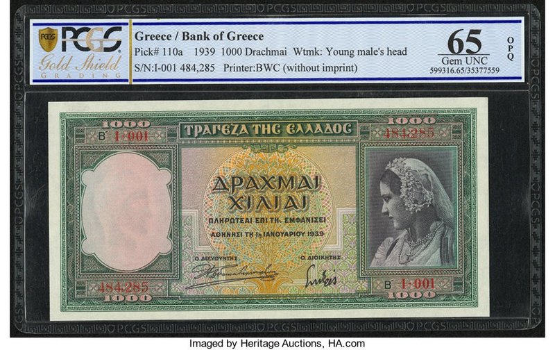 Greece Bank of Greece 1000 Drachmai 1.1.1939 Pick 110a PCGS Gold Shield Gem UNC ...