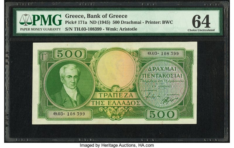 Greece Bank of Greece 500 Drachmai ND (1945) Pick 171a PMG Choice Uncirculated 6...
