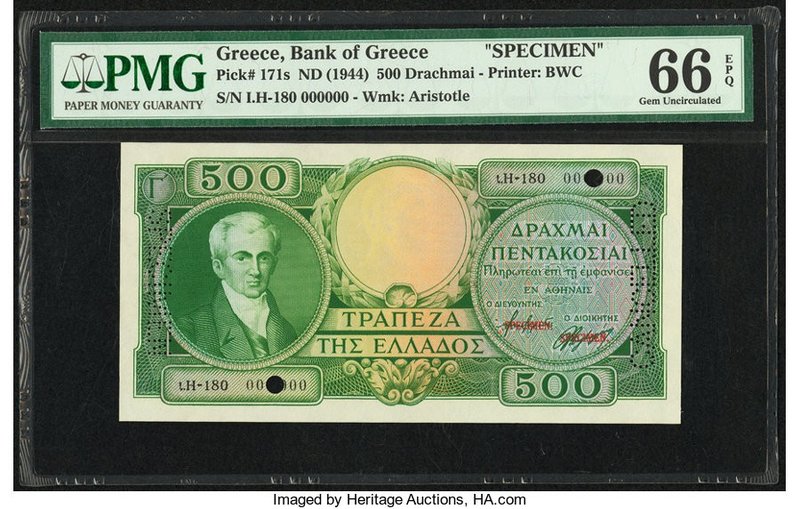 Greece Bank of Greece 500 Drachmai ND (1944) Pick 171s Specimen PMG Gem Uncircul...