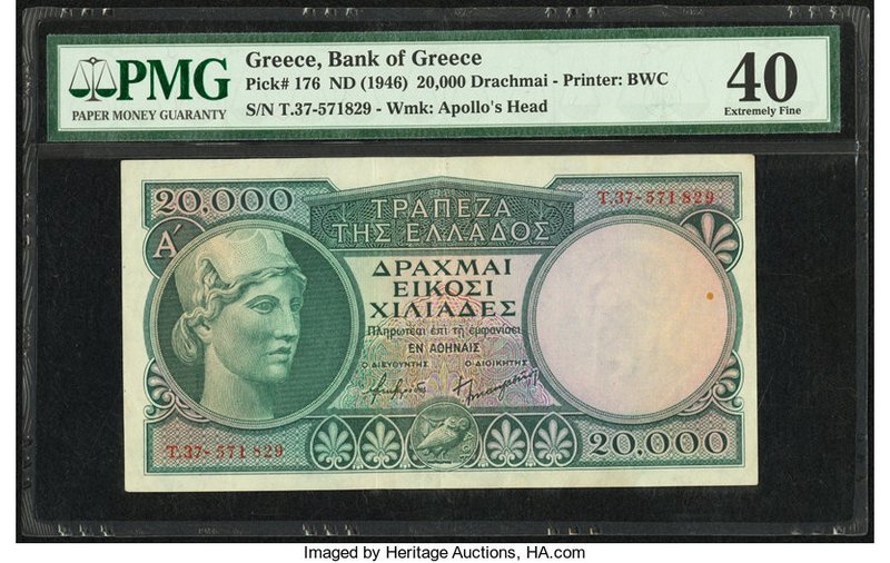 Greece Bank of Greece 20,000 Drachmai ND (1946) Pick 176 PMG Extremely Fine 40. ...