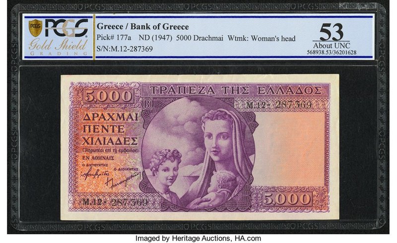 Greece Bank of Greece 5000 Drachmai ND (1947) Pick 177a PCGS Gold Shield About U...