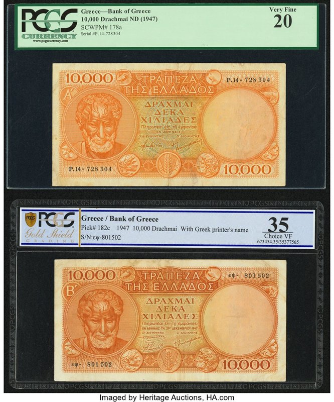 Greece Bank of Greece 10,000 Drachmai ND (1947); 29.12.1947 Pick 178a; 182c Two ...