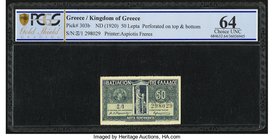 Greece Kingdom of Greece 50 Lepta ND (1920) Pick 303b PCGS Gold Shield Choice UNC 64. 

HID09801242017