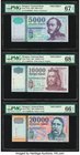 Hungary Hungarian National Bank 5000; 10,000; 20,000 Forint 2005; 2001; 2004 Pick 191as; 192as; 193as Three Specimens PMG Superb Gem Unc 67 EPQ; Super...