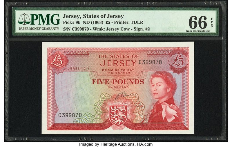 Jersey States of Jersey 5 Pounds ND (1963) Pick 9b PMG Gem Uncirculated 66 EPQ. ...