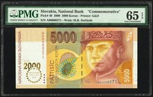 Slovakia Slovak National Bank 5000 Korun 3.4.1995 (2000) Pick 40 Commemorative Issue with Low Serial PMG Gem Uncirculated 65 EPQ. 

HID09801242017