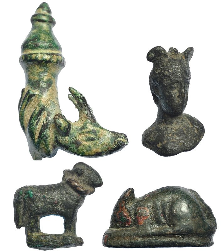 ROMA. Lote de 4 bronces. Siglo III-IV d.C. Ciervo, busto de Hermes, cordero y pe...
