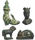 ROMA. Lote de 4 bronces. Siglo III-IV d.C. Ciervo, busto de Hermes, cordero y perro. Longitud: 40, 27, 20 y 15 mm.