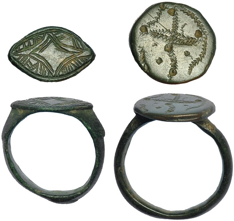 ROMA. Lote de 2 anillos con decoraciones incisas. Siglo V d.C. Bronce. Diámetro ...