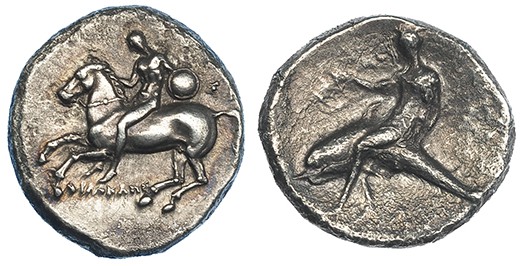 CALABRIA. Tarento. Didracma (302-280 a.C.). A/ Jinete a izq. R/ Taras sobre delf...