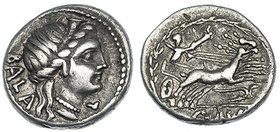 AELIA. Denario. Roma (92 a.C.). A/ Cabeza de Diana a der., delante letra y detrás BALA. R/ Símbolo debajo de los ciervos. FFC-100. SB-4. MBC/MBC-.