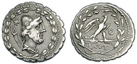 AURELIA. Denario. Roma (105 a.C.). R/ Águila a der. con cabeza a izq. sobre haz de rayos; debajo letra O. FFC-189. SB-21b. MBC-.