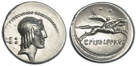 CALPURNIA. Denario. Roma (67 a.C.). A/ Cabeza de Apolo a der.; detrás símbolo 5 glóbulos. R/ Jinete con palma saltando a der.; encima 2 glóbulos; deba...