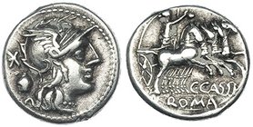 CASSIA. Denario. Roma (126 a.C.). R/ Libertas en cuadriga a der. FFC-554. SB-1. MBC.