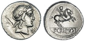 CREPUSIA. Denario. Roma (82 a.C.). A/ Cabeza de Apolo a der.; delante estrella y detrás cetro y letra. FFC-658. SB-1. MBC+.