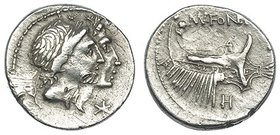 FONTEIA. Denario. Sur de Italia (114-113 a.C.). R/ Galera a der.; debajo de la proa, letra H. FFC-714. SB-7. Golpes en anv. MBC.