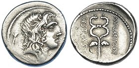 PLAETORIA. Denario. Roma (69 a.C.). A/ Cabeza de Bonus Eventus; detrás símbolo. FFC-972. SB-5. MBC-/MBC.