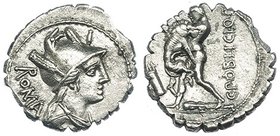 POBLICIA. Denario. Roma (80 a.C.). A/ Letra I. R/ Hércules estrangulando al león de Nemea. FFC-1017. SB-9. Oxidaciones limpiadas. MBC+.