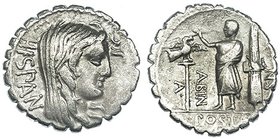 POSTUMIA. Denario. Roma (81 a.C.). A/ Cabeza velada de Hispania a der. FFC-1072. SB-8. MBC-/MBC.