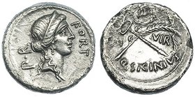 SICINIA. Denario. Roma (49 a.C.). R/ Caduceo y palma en aspa con corona encima; III VIR. Q. SICINIVS. FFC-1130. SB-5. Erosiones. MBC+.