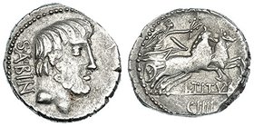 TITURIA. Denario. Roma (89 a.C.). R/ Victoria con corona en biga a der.; debajo L. TITVRI; en el exergo número. FFC-1148. SB-6a. Acuñación floja. MBC-...